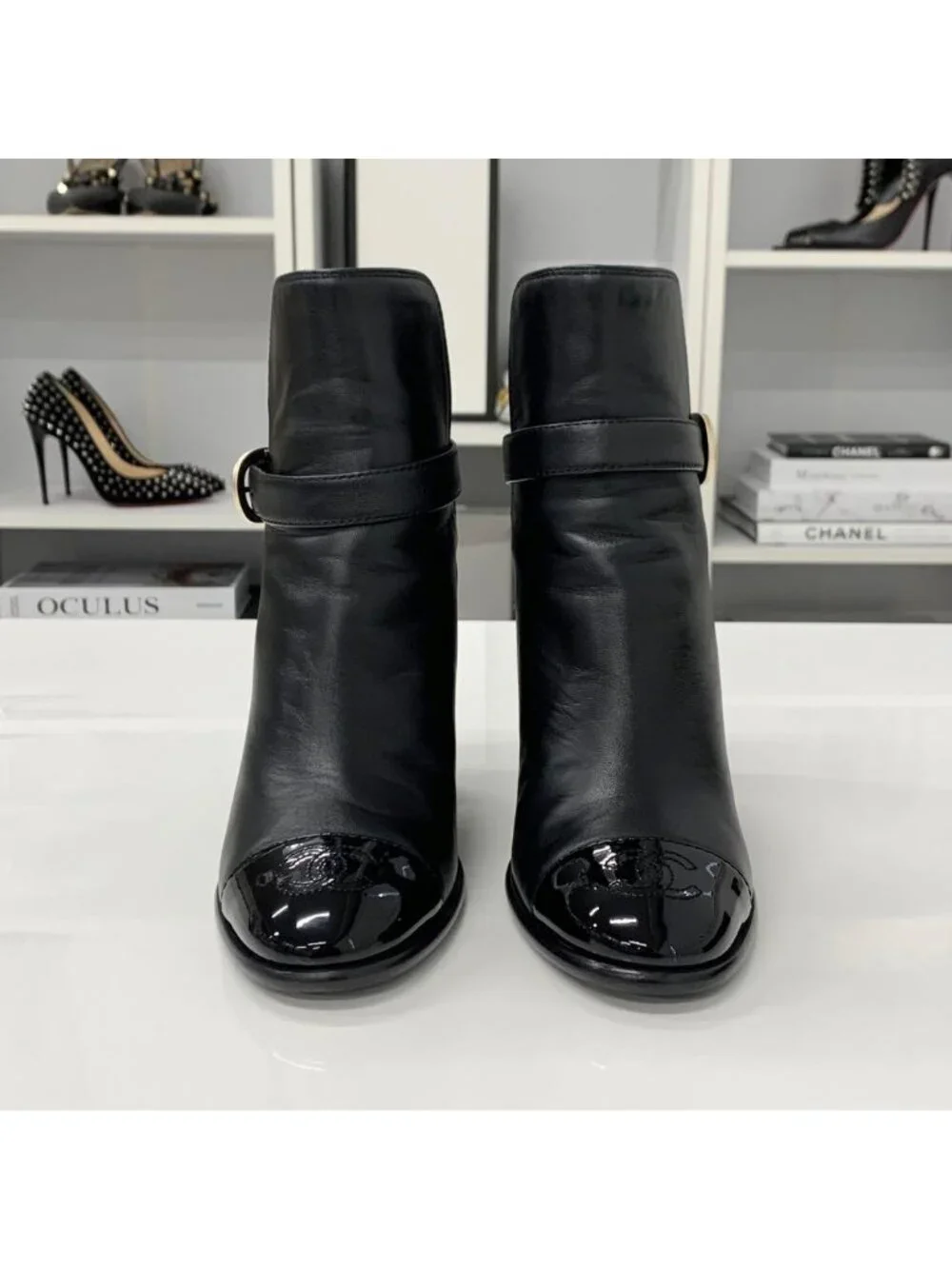 Chanel CC Logo Belt Leather Patent Short Boots Black